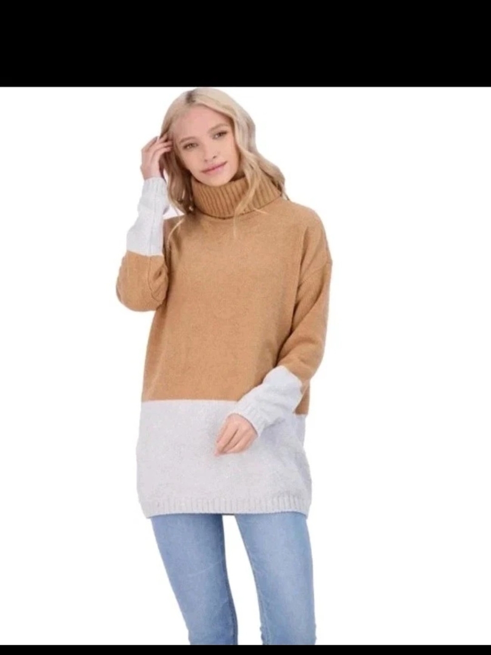 BCBG MAXAZRIA Chenille Colorblock Tunic Turtleneck Sweater Size M Camel Gray
